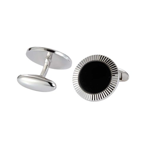 Round sterling silver cufflinks with onyx inlay