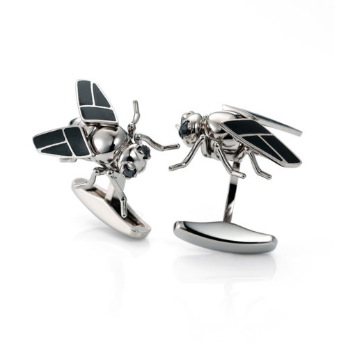 Gold fly-cufflinks set with grey enamel and black tourmalines