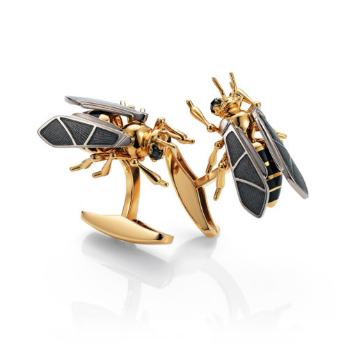 Gold cuff links with enameled silver fondant and black tourmalines bee