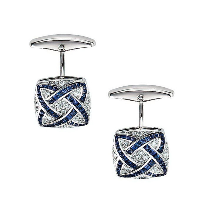 Diamond and sapphire set gold cufflinks in the shape of a stretched square