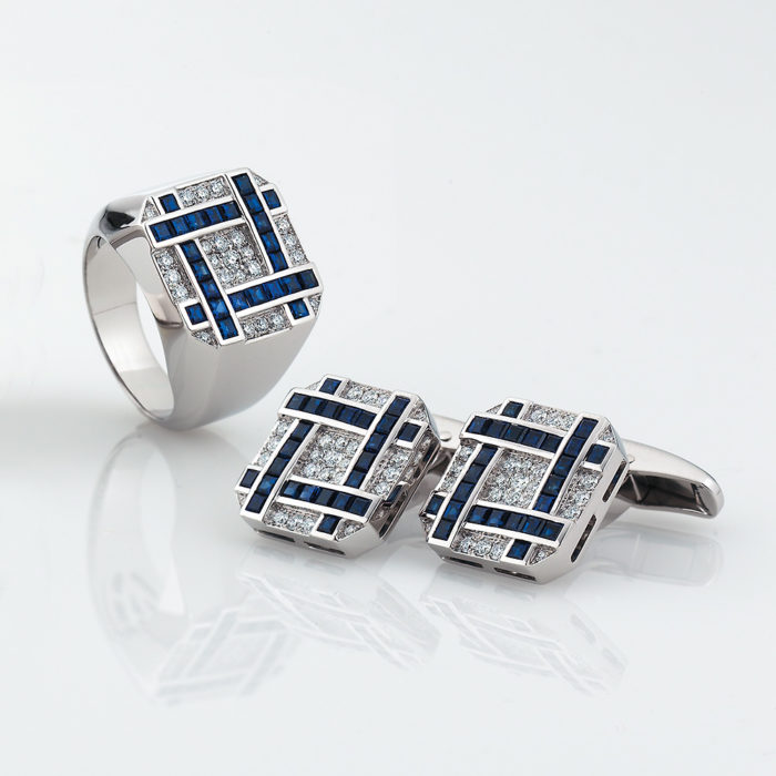 Diamond and sapphire set octagonal gold cufflinks with matching ring