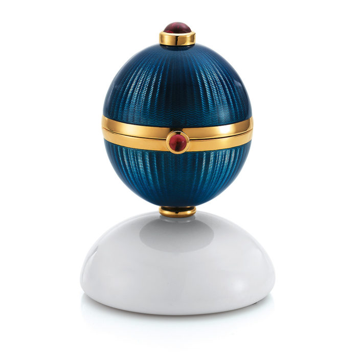 Golden egg object to open with medium blue enamelled guilloche, diamonds, pink tourmalines, Cocolong foot and surprise inside.