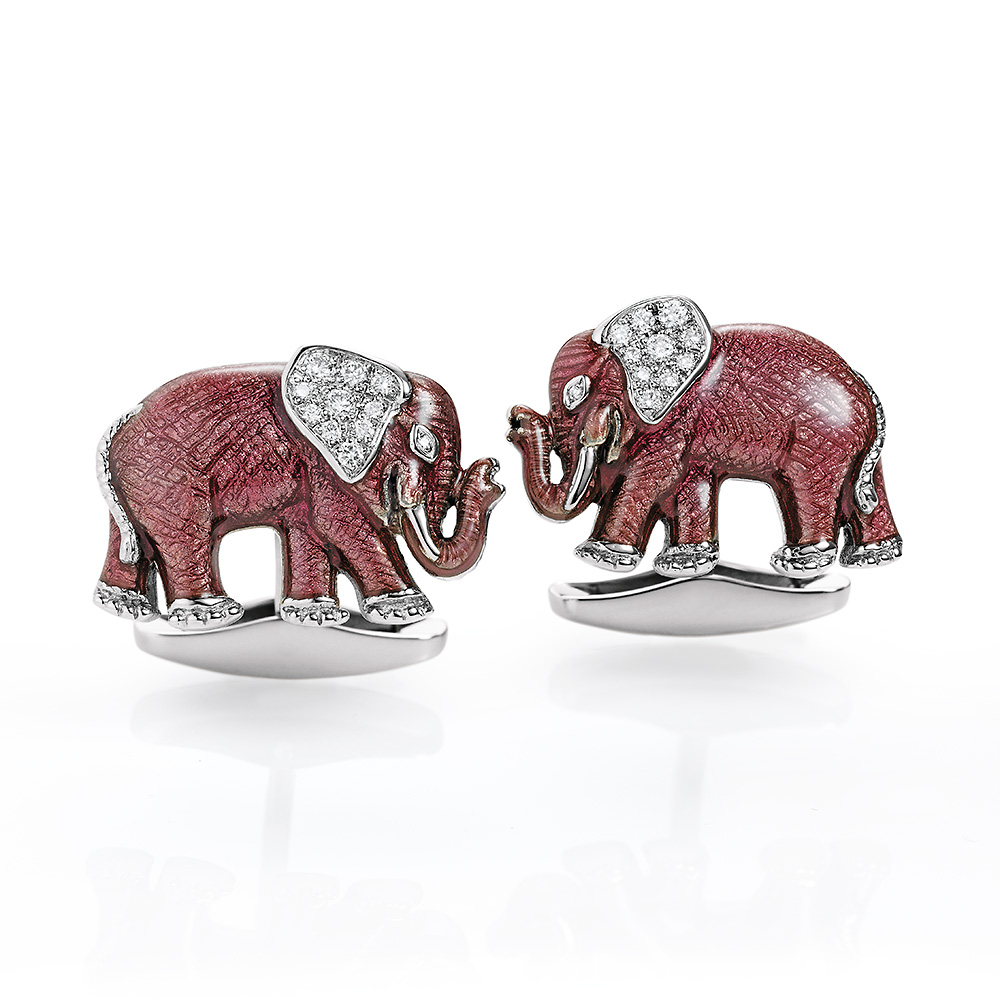 Diamant-besetzte-rosa-emaillierte-Gold-Manschettenknöpfe-Elefant