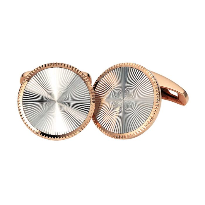 Round gold cufflinks with guilloche-inlay