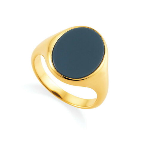 Oval signet ring yellow gold with medium blue gemstone without engraving view from the leftn links