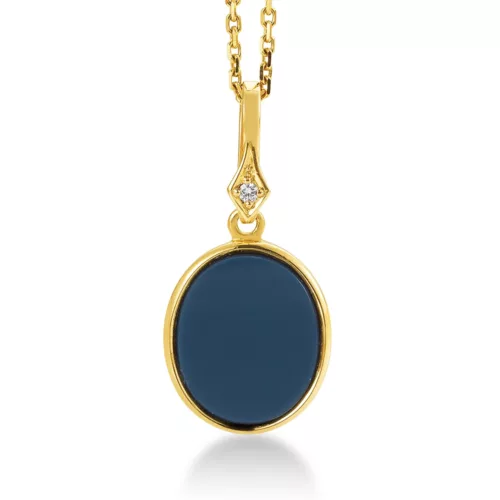 Oval earrings, yellow gold, blue gemstone, heart and eye, diamond.