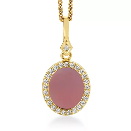 Oval pendant necklace, yellow gold, pink gemstone, diamond bezel