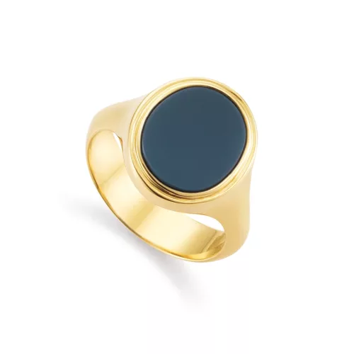 Oval signet ring, yellow gold, blue gemstone, engraved outline.