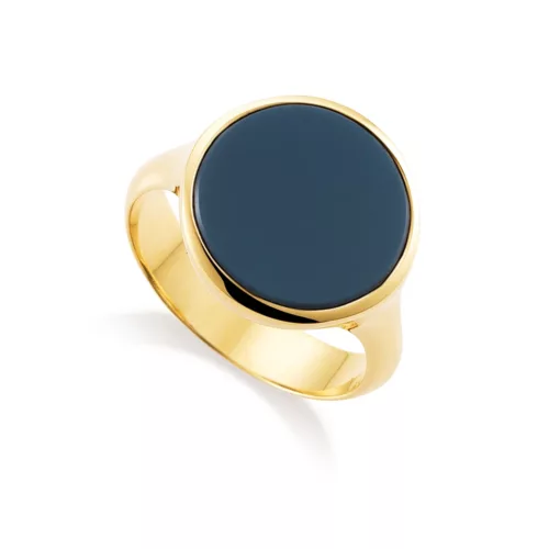 Round signet ring, yellow gold, blue gemstone.