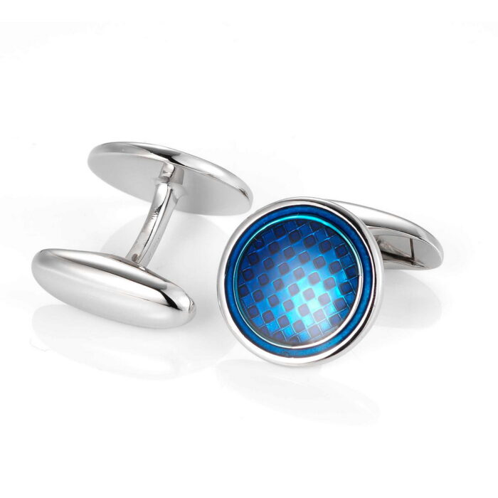 Victor Mayer round polished silver cufflinks with blue inlay