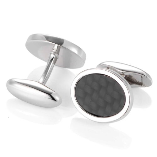 Victor Mayer oval silver polished cufflinks black carbon inlay