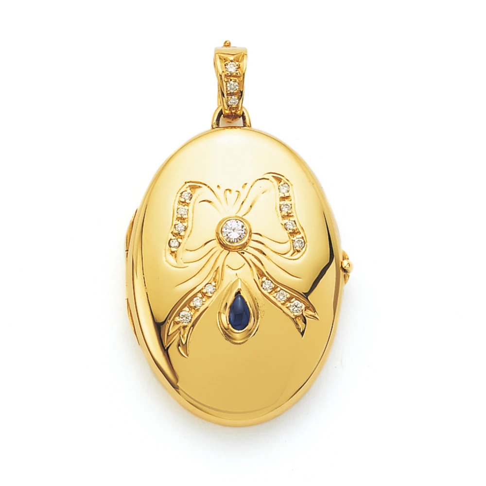 Ovales Medaillon-Collier in Gelbgold mit Edelsteinen und Brillanten