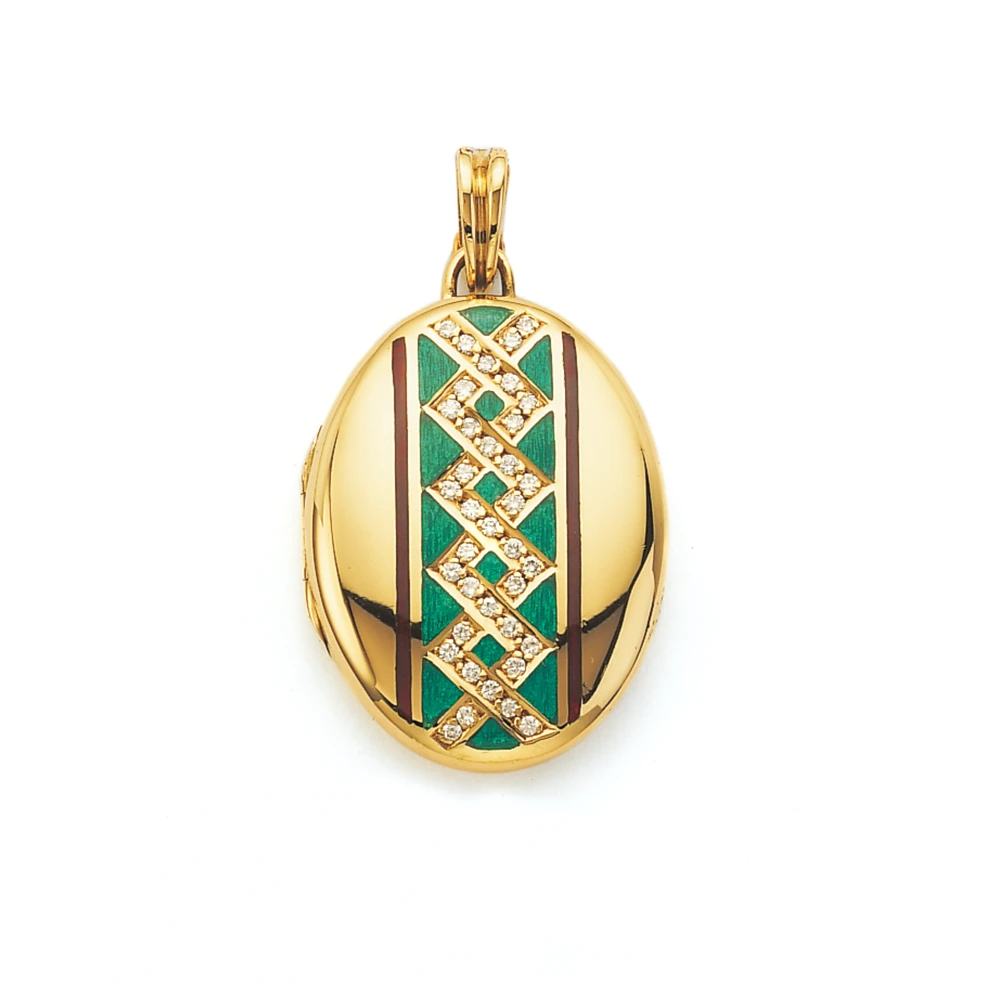 Ovales Medaillon-Collier in Gelbgold, grün lackiert und Brillanten
