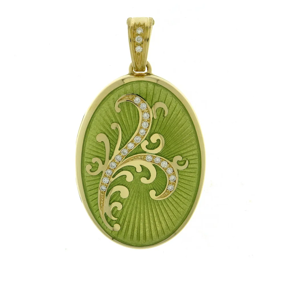 Ovales Medaillon-Collier in Gelbgold, grün lackiert und Brillanten