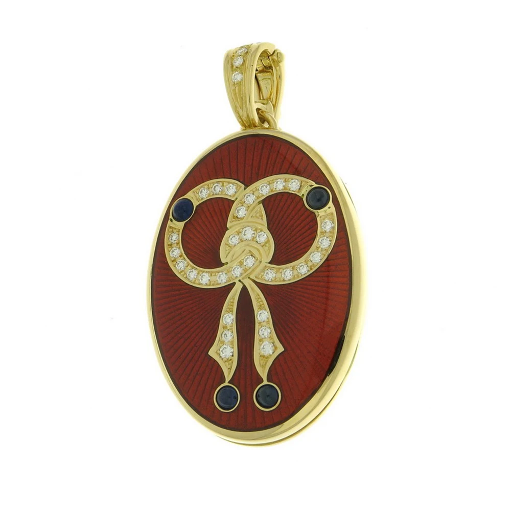 Ovales Medaillon-Collier in Gelbgold und rot verziert mit einer schleife aus Brillanten