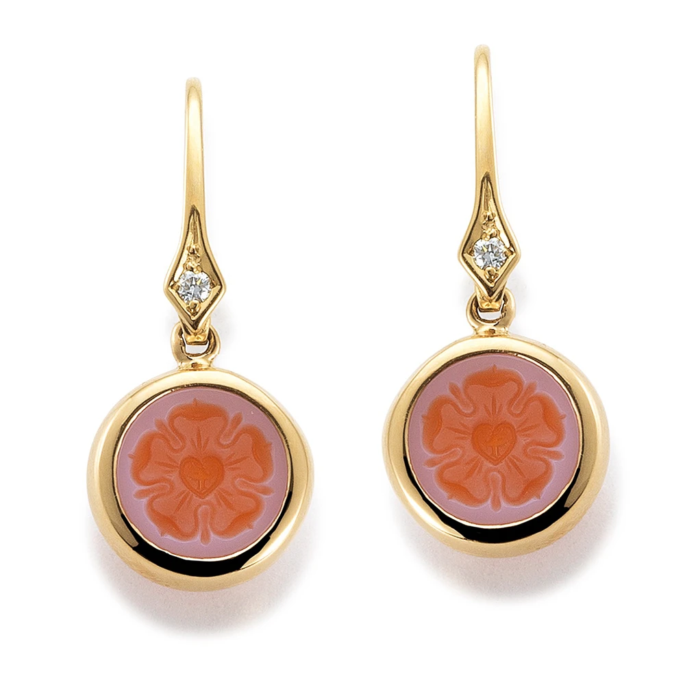 Oval earrings, yellow gold, pink gemstone, rose motif, diamond.