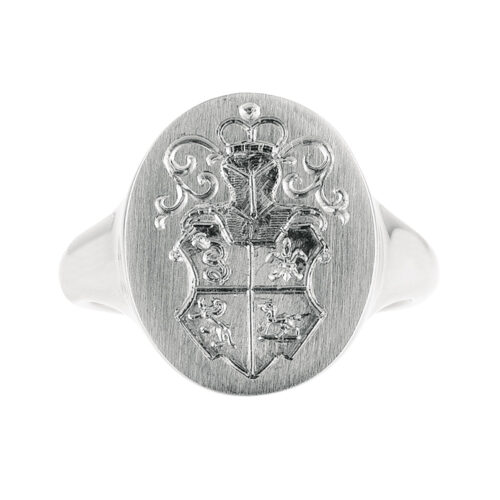 White Gold Signet Ring with Family Crest Hand Engraving