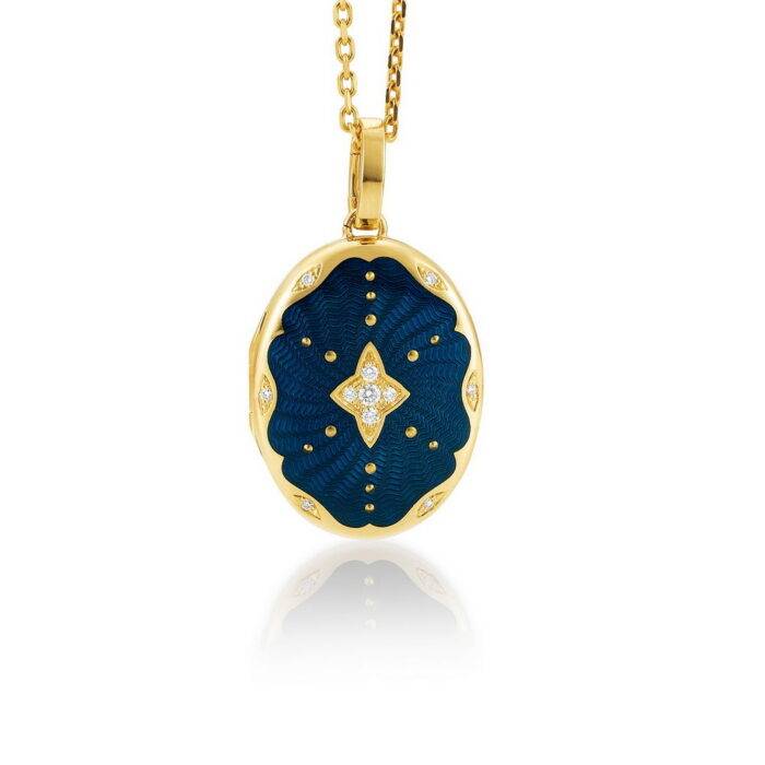 Victor Mayer Victoria gold Medaillon Guilloche blaues Emaille Diamanten