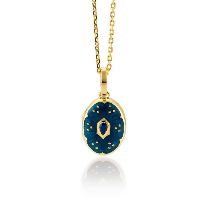 Victor Mayer Victoria gold Medaillon Guilloche blaues Emaille Diamanten Saphir