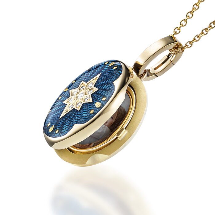 Victor Mayer Victoria gold locket guilloche blue enamel diamonds