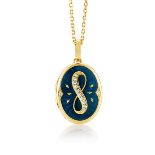Oval locket with blue enamel and diamonds, paillons