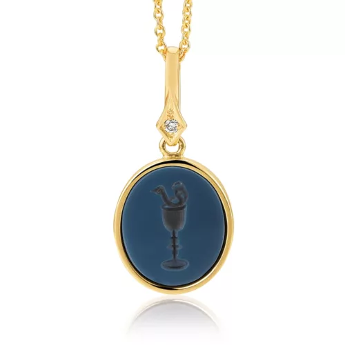 Oval pendant necklace, yellow gold, blue gemstone, cup and a snake, diamond.