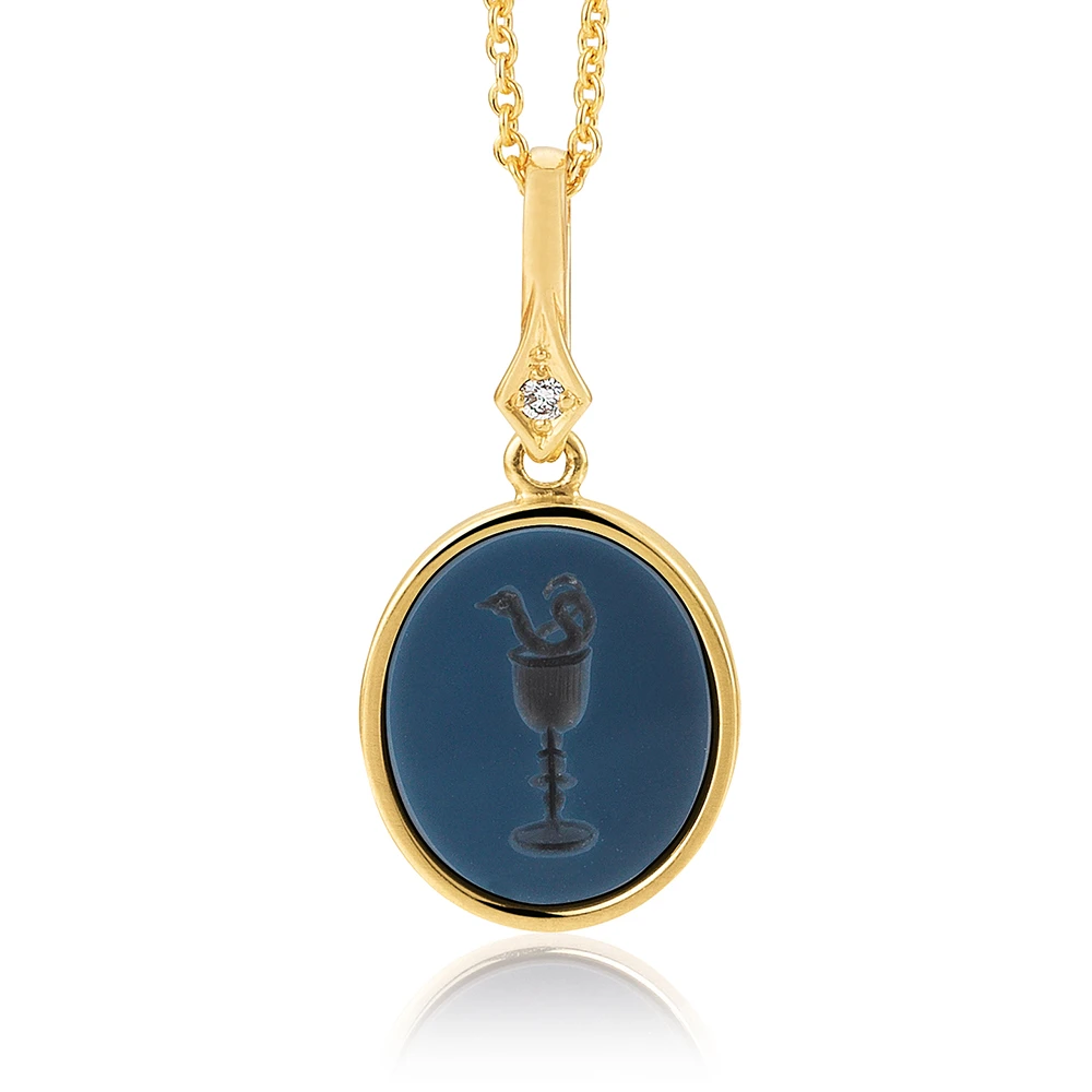 Oval pendant necklace, yellow gold, blue gemstone, cup and a snake, diamond.