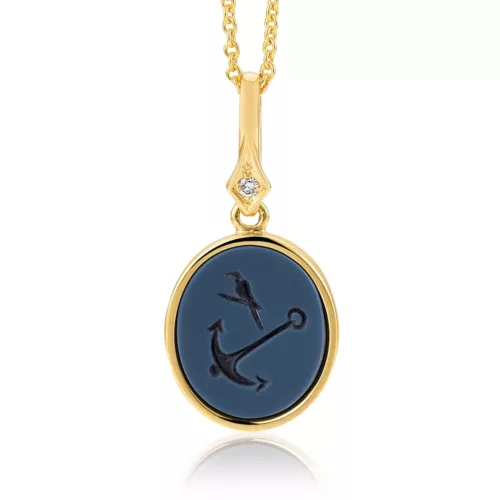 Oval pendant necklace, yellow gold, blue gemstone, anchor and bird, diamond.