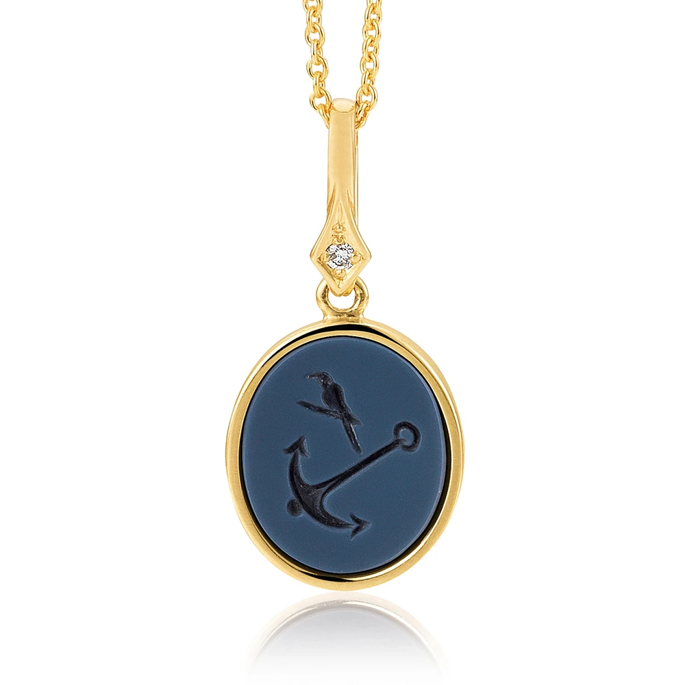 Oval pendant necklace, yellow gold, blue gemstone, anchor and bird, diamond.