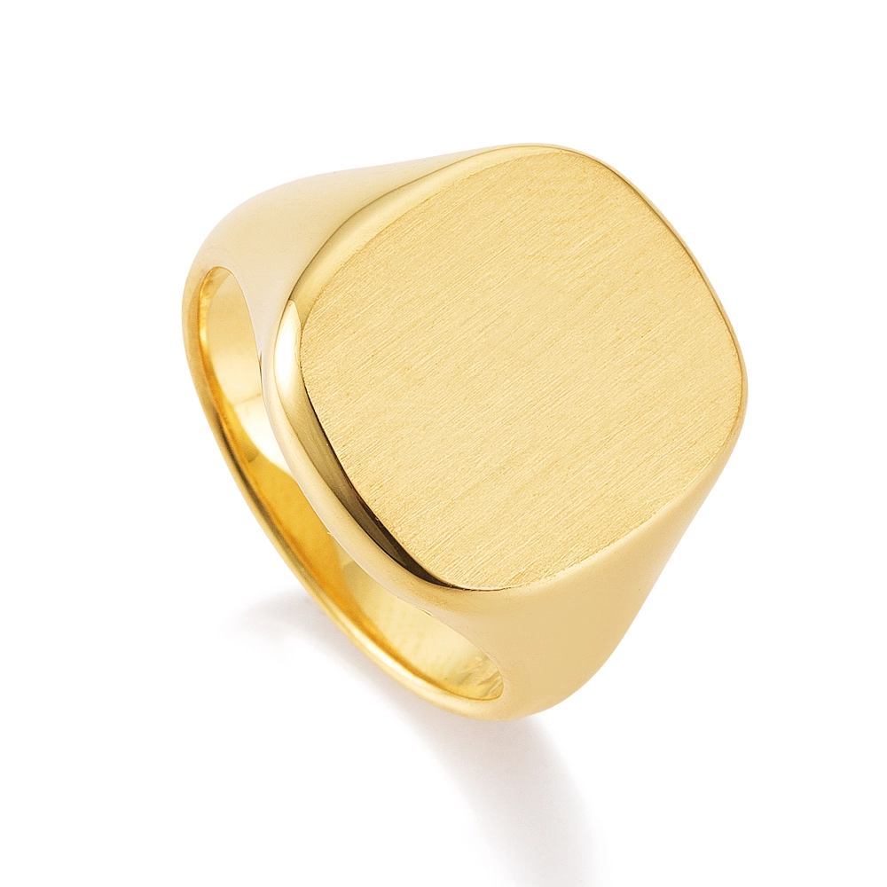 Yellow gold signet ring rectangular with rounded sides 16.0 x 13.0 mm - without engraving Bird's eye view from the left