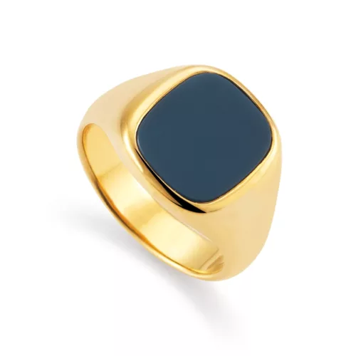 Yellow gold signet ring with oval and blue onyx 12.0 x 9.0 mm - without engraving Bird's eye view from the left