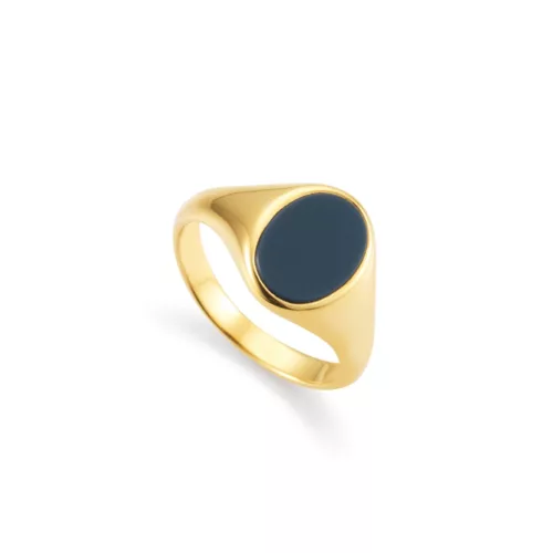 Yellow gold signet ring with oval and blue onyx 11.0 x 8.0 mm - without engraving Bird's eye view from the left