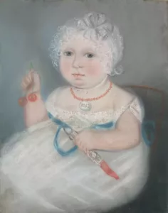 Square painting of a baby in white dress and a necklace of red beads with locket holding two cherries and a toy. 