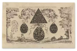 Square print with a triangel and drop shaped drawings floral decoration placed in a landscape featuring trees, animals and persons. 