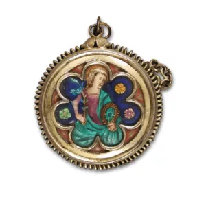 Round silver-gilt locket pendant twisted wire frame colourfur enamel painting of a saint with green and red coat within a a 7 leaves blossom