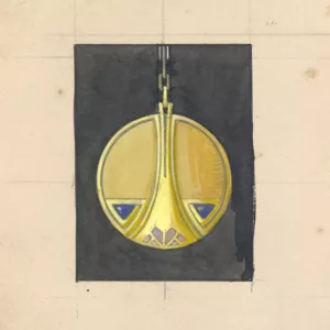 Drawing of a yellow and blue round pendant over a square black background with ornamentation in geometric and symmetrical shaped lines. 