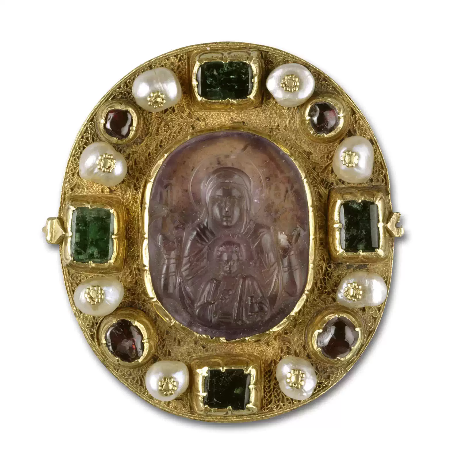 Oval gold pendant Virgin and Child engraved pink gem in center. Frame ornameted with 8 pearls, 4 green and 4 brown gemstones