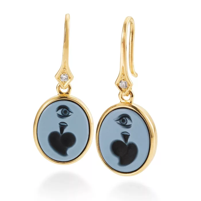 Oval earrings, yellow gold, blue gemstone, heart and eye, diamond.