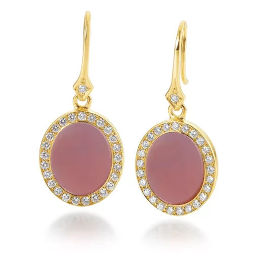 Oval earrings, yellow gold, pink gemstone, diamond bezel