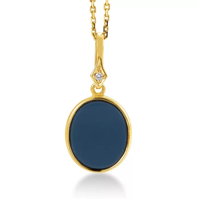Oval pendant necklace, yellow gold, blue gemstone, diamond.