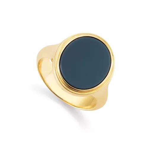 Oval signet ring, yellow gold, blue gemstone, engraved outline.