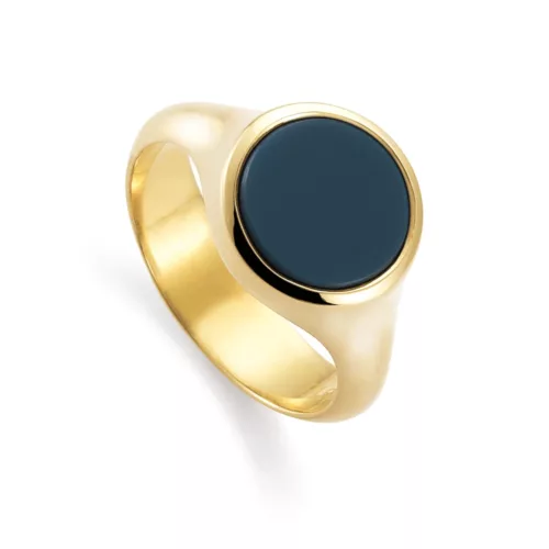 Round signet ring, yellow gold, blue gemstone.