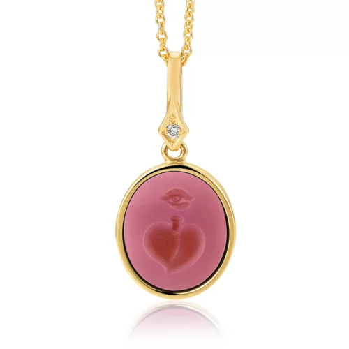 Oval pendant necklace, yellow gold, pink gemstone, eye and a heart, diamond.