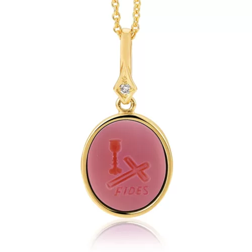 Oval pendant necklace, yellow gold, pink gemstone, cup, a cross and „Fides“ writing, diamond.