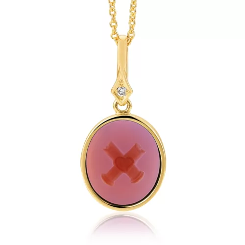 Oval pendant necklace, yellow gold, pink gemstone, heart in a „x“, diamond.