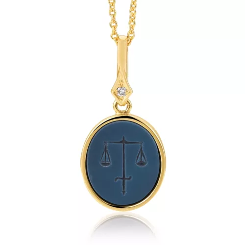 Oval pendant necklace, yellow gold, blue gemstone,sword and a scale, diamond.
