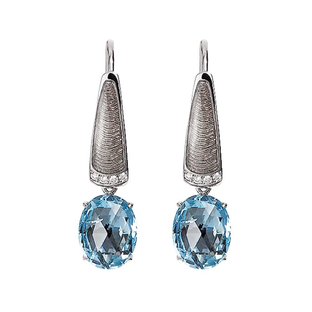 Ohrhänger aus Weißgold mit grauer Farbe verziert mit ovalem blauem Edelstein und Brillanten