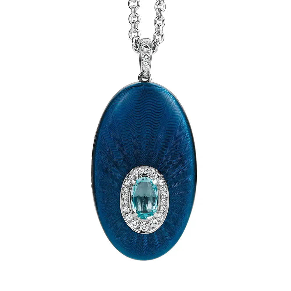 Ovaler Anhänger aus Weißgold, mit blauer Farbe verziert mit Brillanten und einem blauen Edelstein