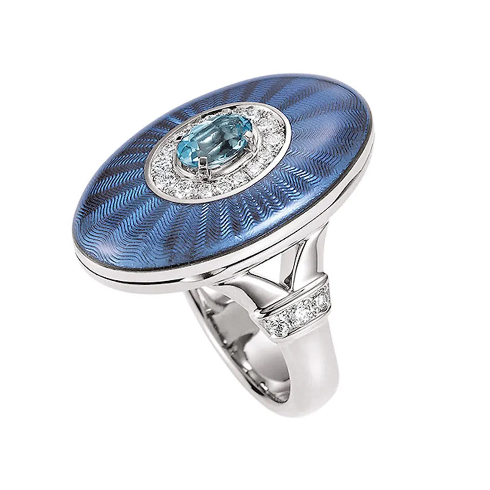 Ovaler Ring aus Weißgold mit blauer Farbe verziert mit Brillanten und einem blauen Edelstein