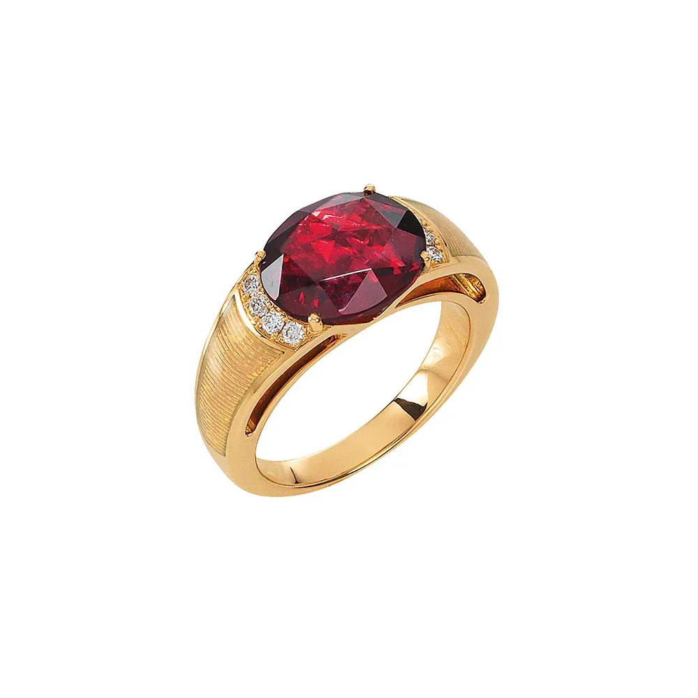 Ring aus Gelbgold mit weißer Farbe verziert mit Brillanten und einem roten Edelstein